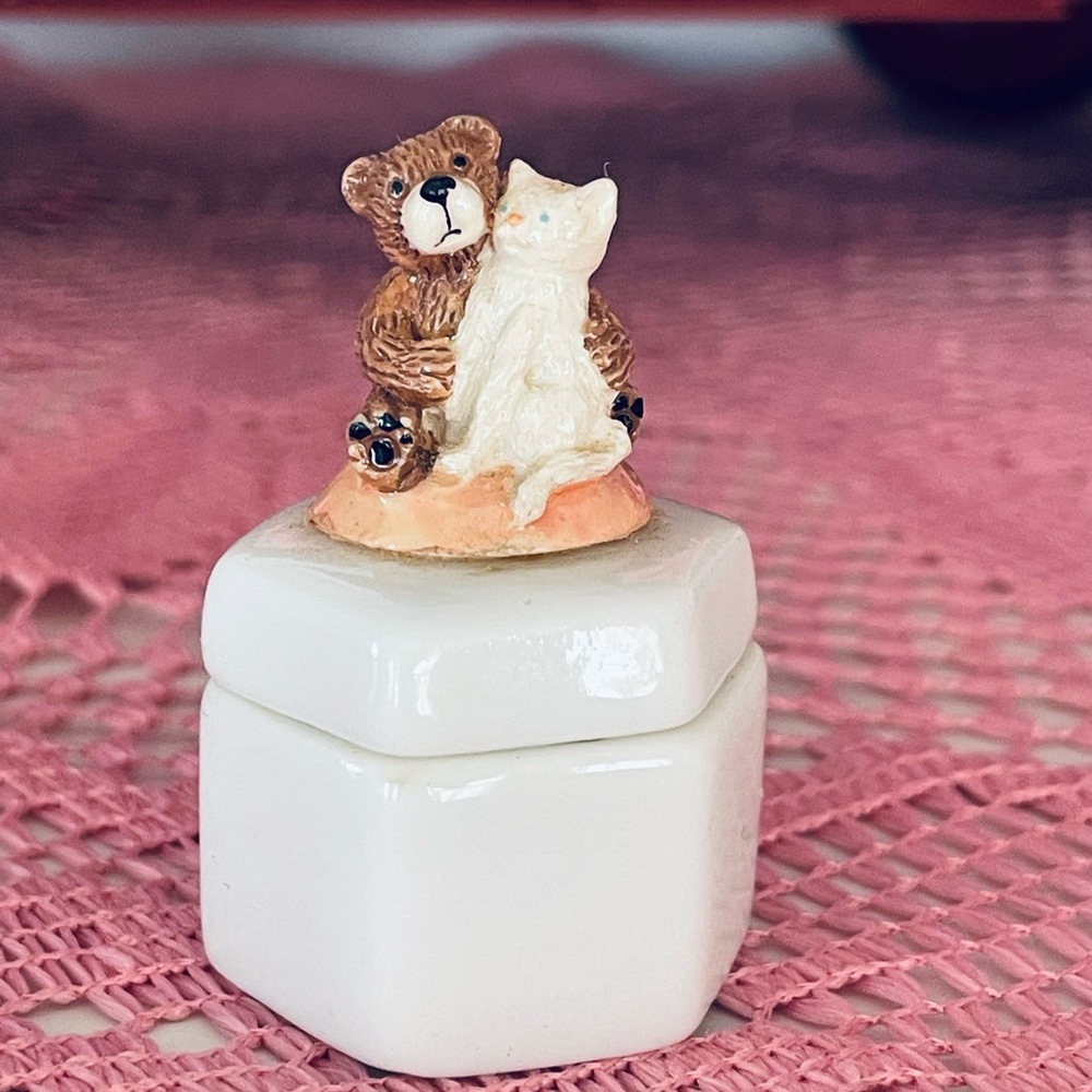 Bear and Cat Ceramic Trinket Box - Brown and White